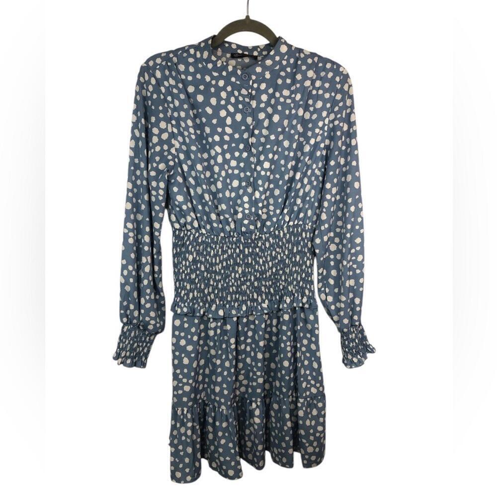 Pretty Garden Blue Spotted Dress Long Sleeve Smocked Sleeves and Waist